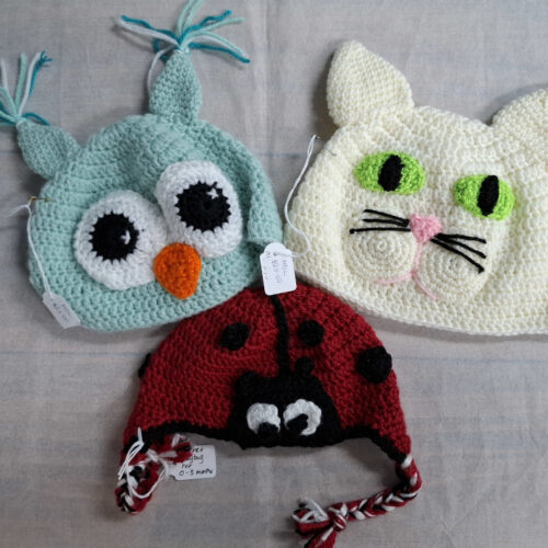 3 baby beanie hats - an owl, cat and ladybird