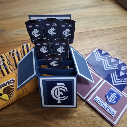 pop up card showing footy team logo and colours