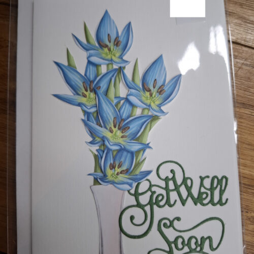 vase with flowers and get well soon message on a card
