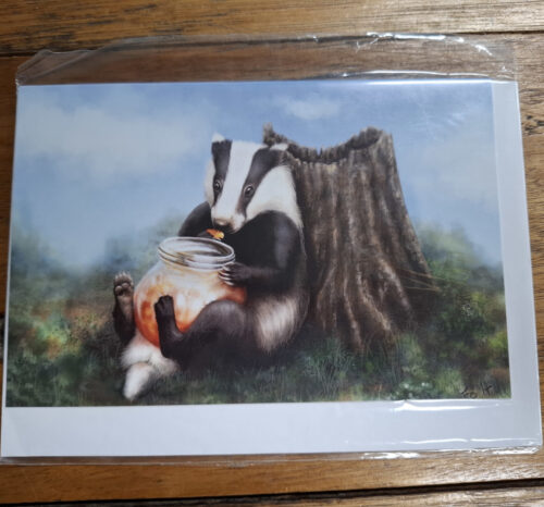 drawn badger with honey pot leaning against tree card