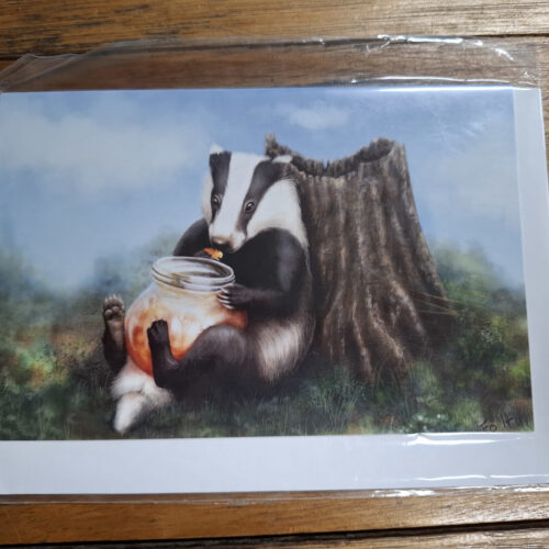 drawn badger with honey pot leaning against tree card